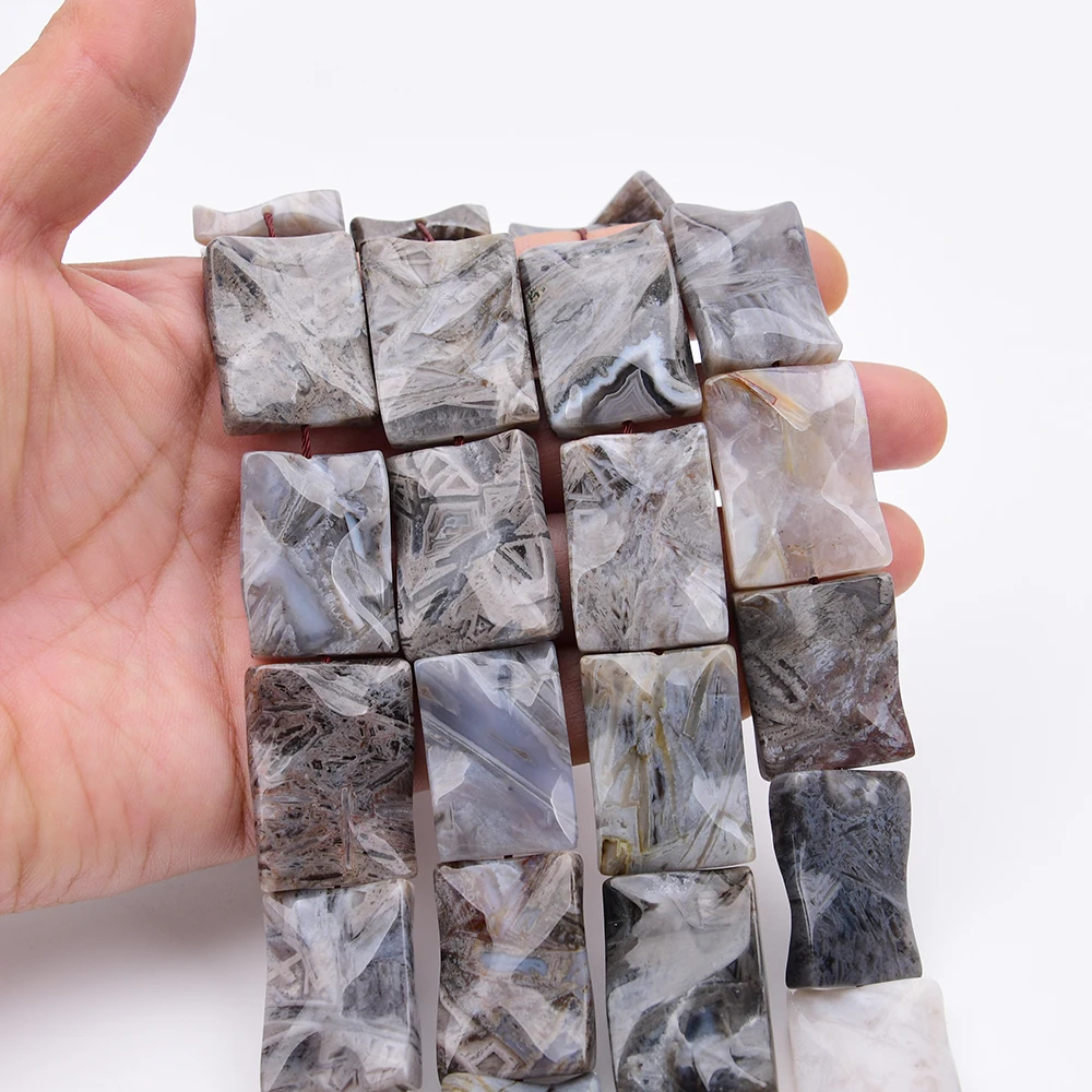 APDGG Big 22x30mm Natural Bamboo Leaf Agate Stone Rectangle Wavy Slice Loose Beads 15.5'' Strand Jewelry Making DIY
