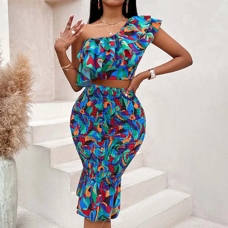 Summer Bohemian Women Vintage PrintTwo Piece Set Elegant Ruffled Sleeve Short Tops + Pleated Midi Skirt 2Pcs Suit Female Ne