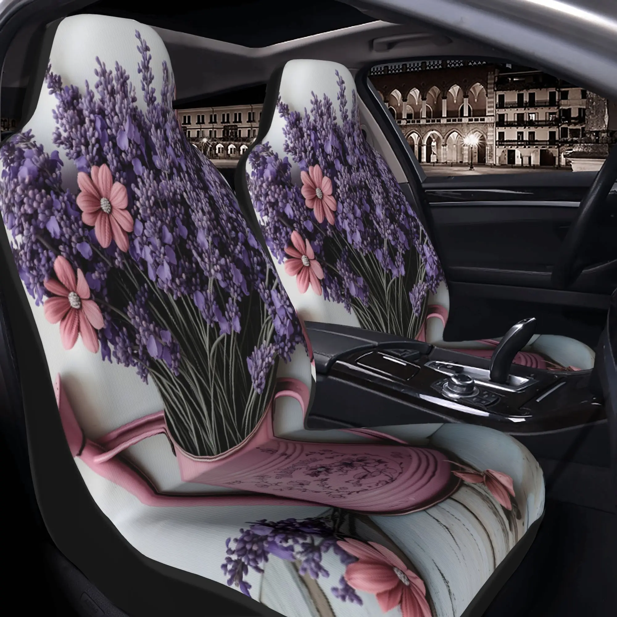 2pcs Lavender Bouquet In Pink Watering Can: Soft Purple And Blush Floral Charm Car Seat Covers | Suitable For SUVs Such As Sedan