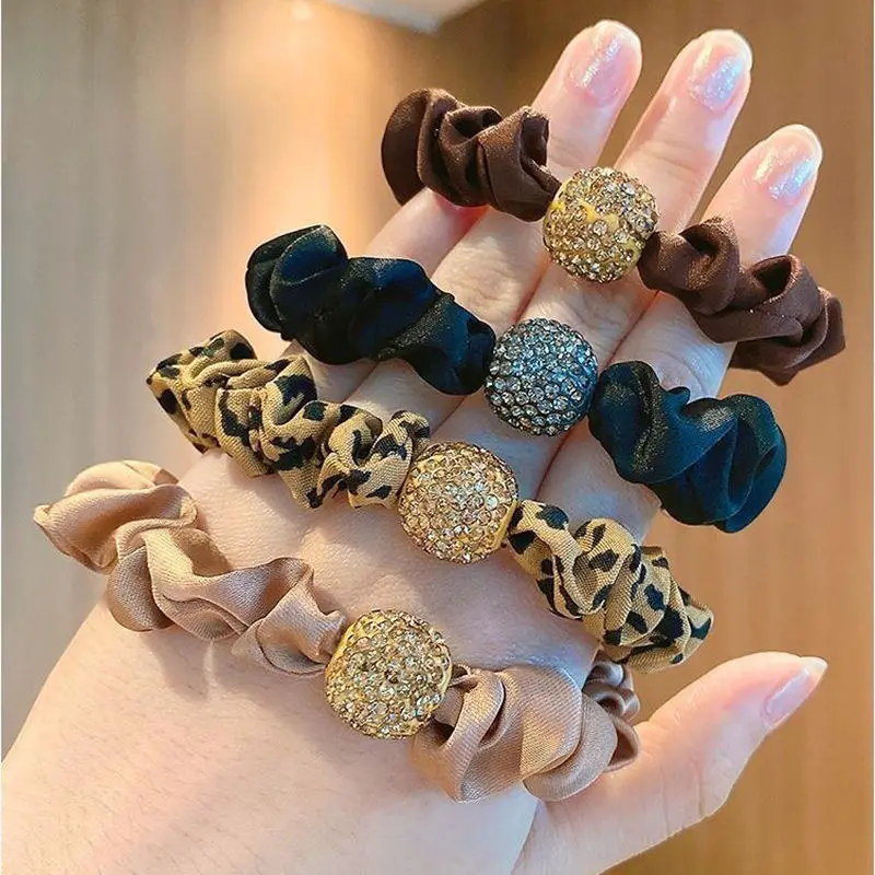 New large intestine circle temperament leopard print head rope ball rhinestone high elastic hair rope hair accessories