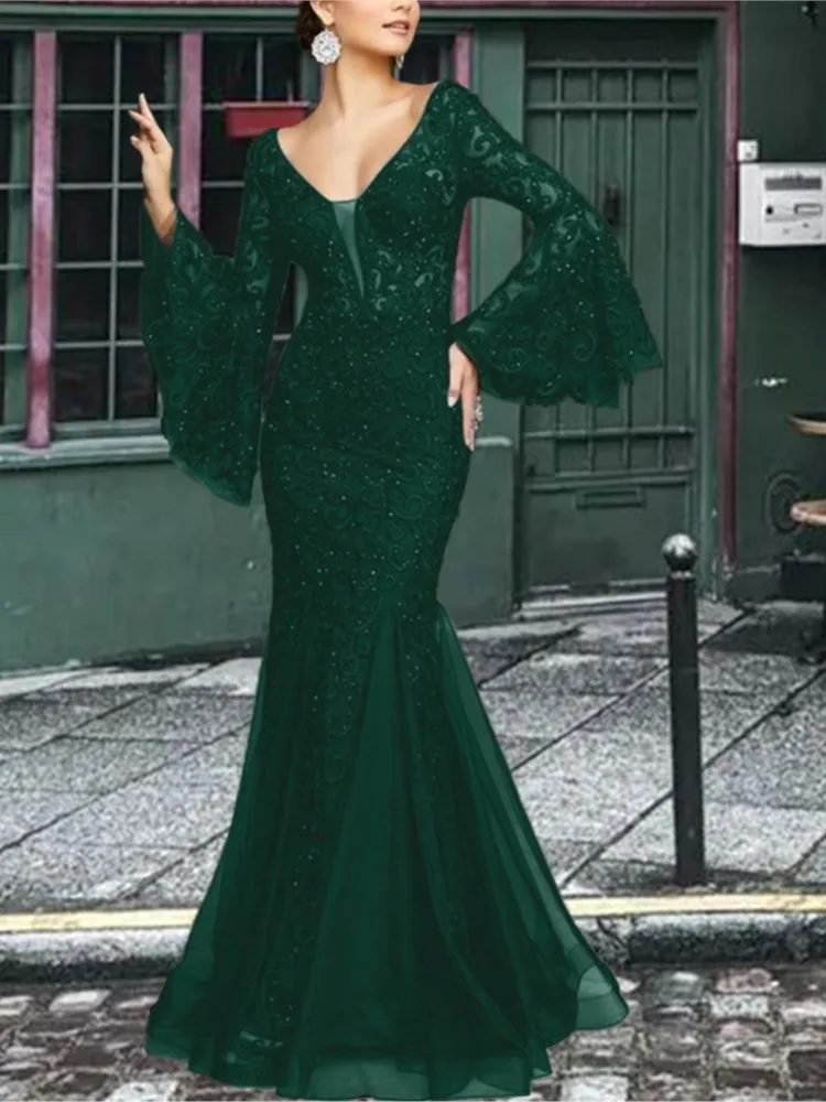 Neue frauen Sexy V-ausschnitt Spitze Flare Hülse Hochzeit Party Kleider Weibliche Abend Elegante Nachtclub Prom Maxi Meerjungfrau Kleider