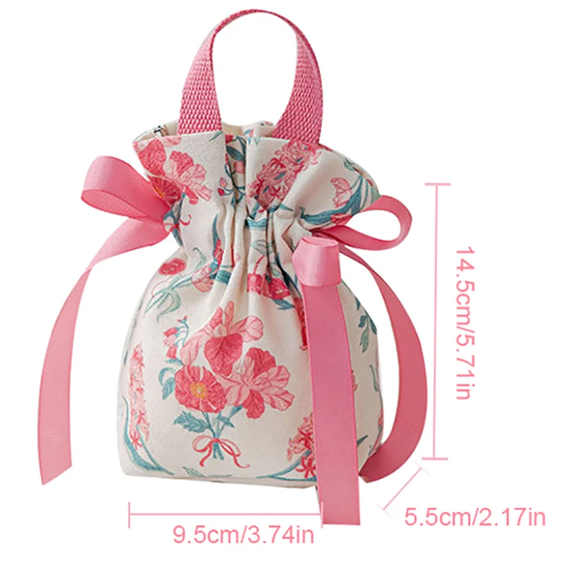 Retro Canvas Flower Drawstring Handheld Candy Bags Wedding Gifts Packing Bags Portable Candy Storage Bags Handbag