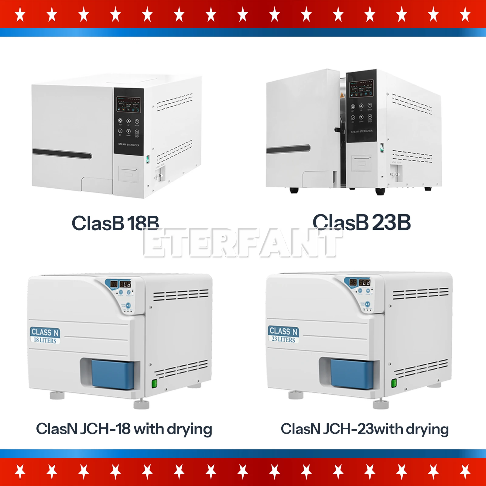 

ETERFANT Dental 18/23L Class N/23/18L Class B LCD+Printer Autoclave Steam Sterilizer with Drying Function