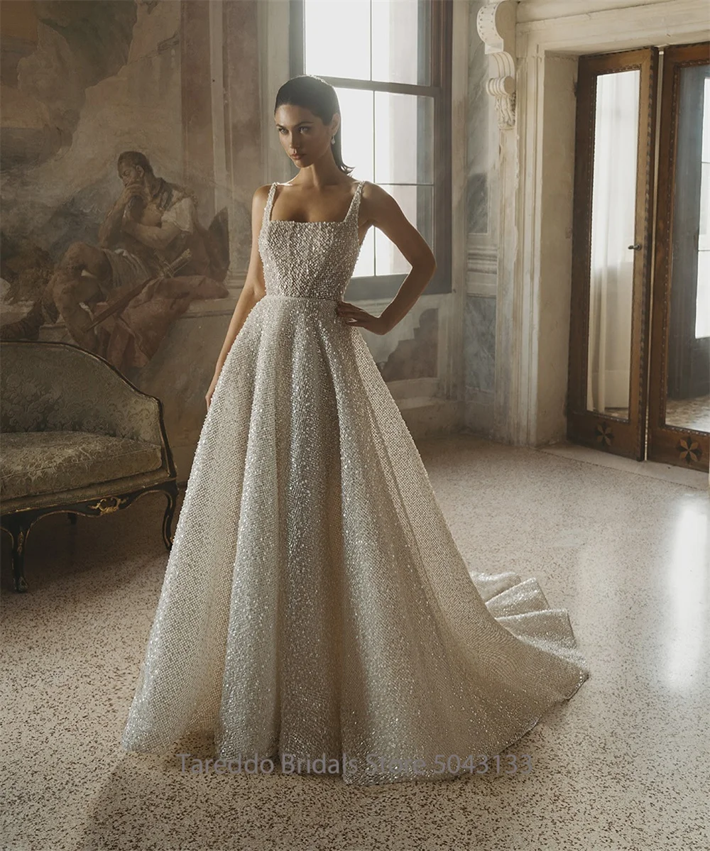 Customized Glitter Bling Bling Wedding Dress Spaghetti Straps Sequins Bridal Gown Sexy Sparkling Party Dress