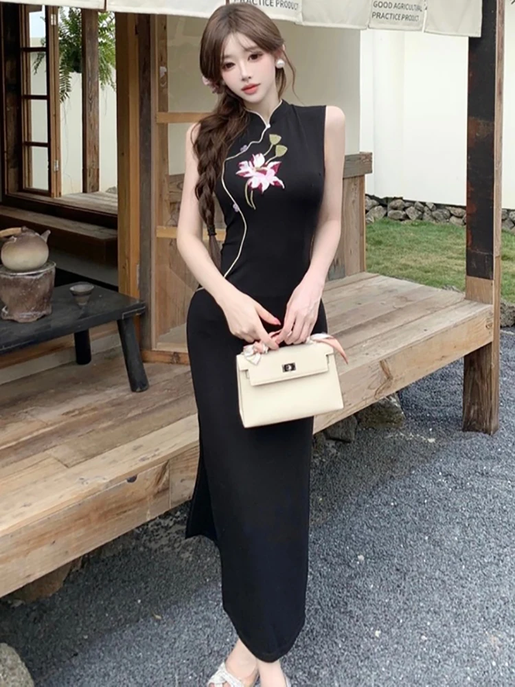 

Spring Summer Black Embroidery Floral Sleeveless Dress Women Korean Vintage Hepburn Dress 2026 Elegant Bodycon Luxury Prom Dress