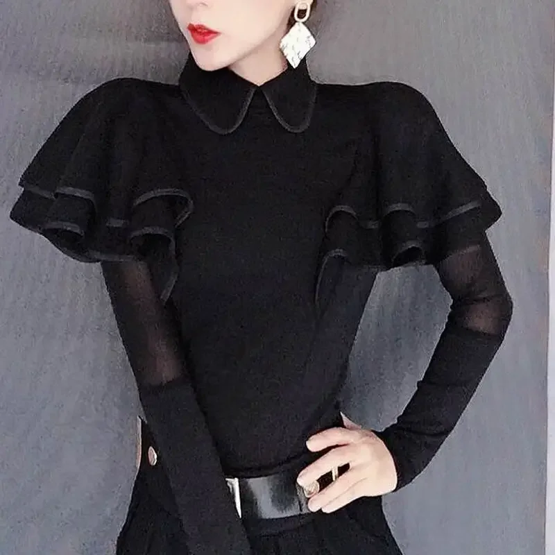 

Tees Korean Long-sleeved Slim Fashion T-shirt Women's Clothing Petal Sleeve Design Tops Patchwork Bottoms Black Tshirt New