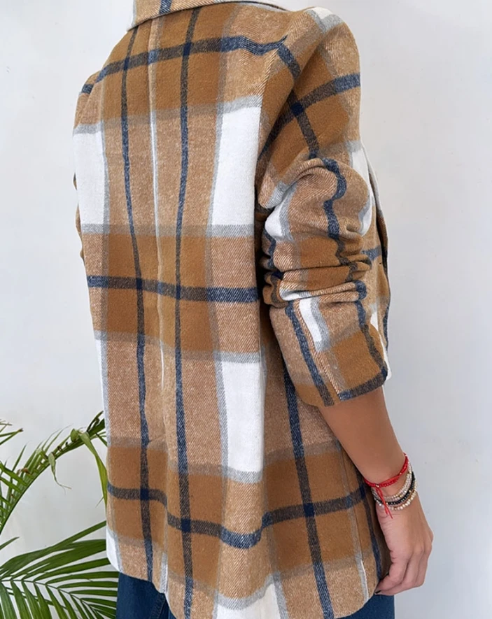 Women's Fashion Sports Jacket 2024 Autumn/Winter New Collection Daily Long Sleeve Plaid Pattern Collar Detail Sports Jacket