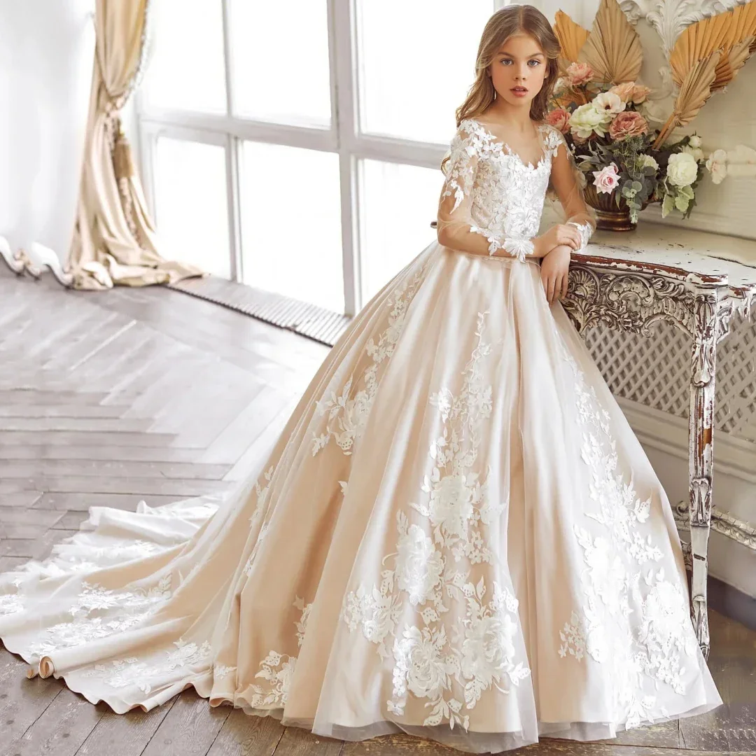 カスタマイズされたフラワーガールのドレス白花刺繍アップリケ末尾長袖結婚式誕生日パーティー宴会ガウン