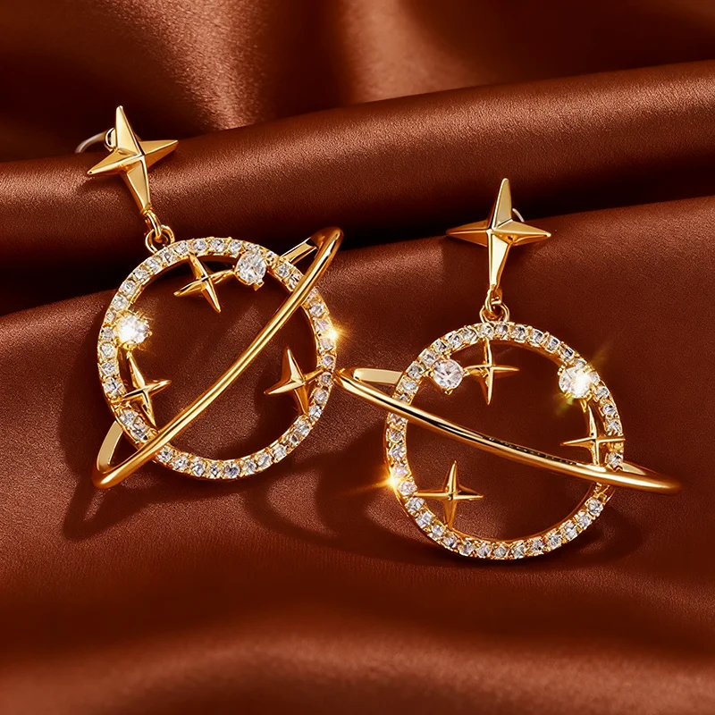Fashion Silver Needle Starry Sky Full Diamond Earrings Trendy Personality Small Planet Hoops Earrings Elegant High-End Sensatio