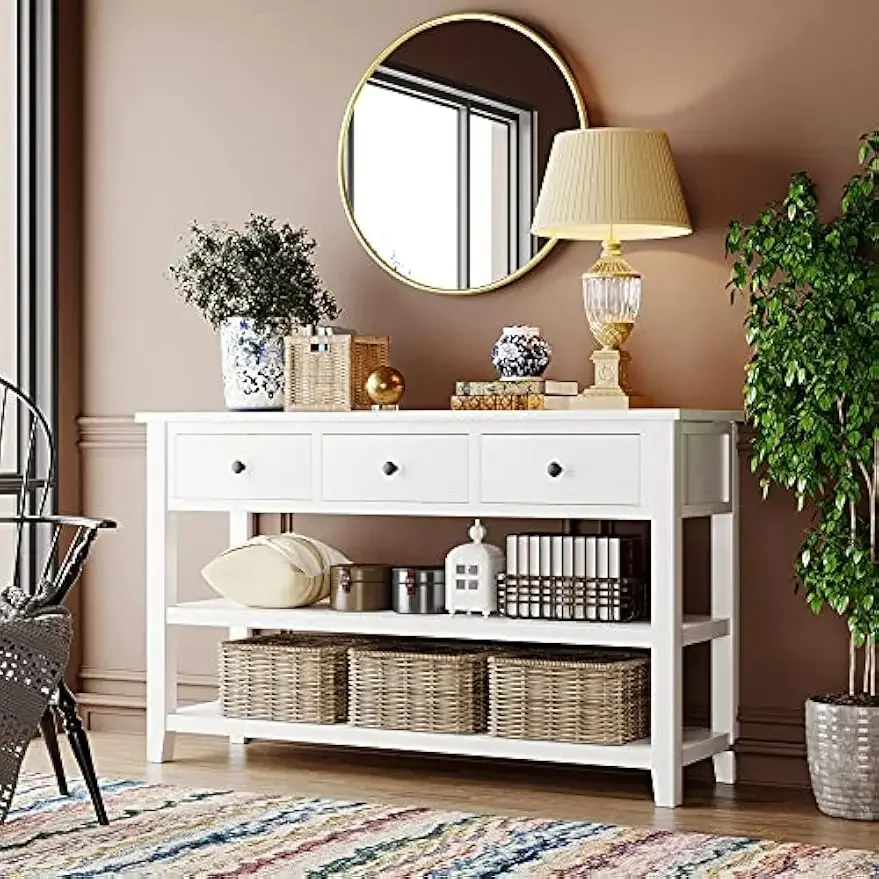 Classic Retro Style Console Table with Two Open Shelves and 3 Drawers Storage Cabinet with Pine Solid Wood Frame for Living Room