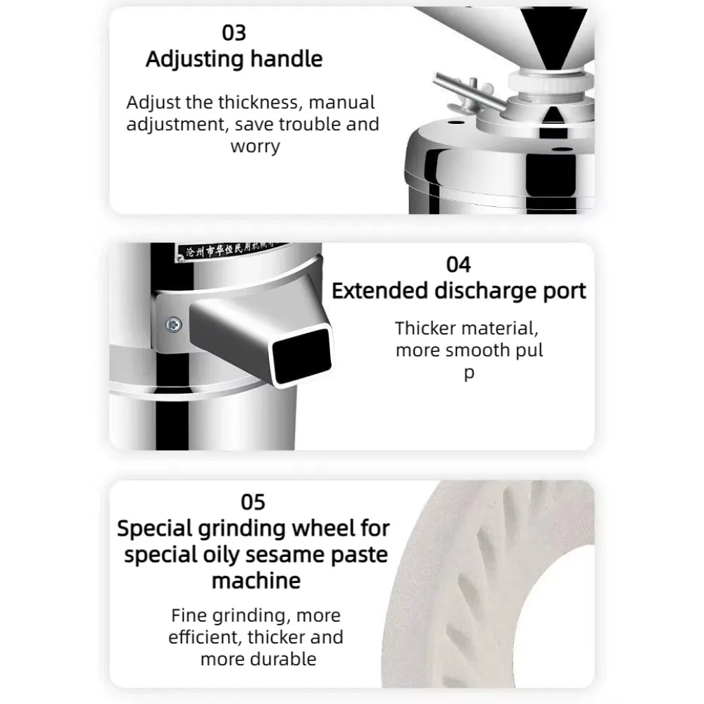 Commercial colloid mill grinder for pistachios, hazelnuts, almonds, cashews, peanut butter, and sesame paste.
