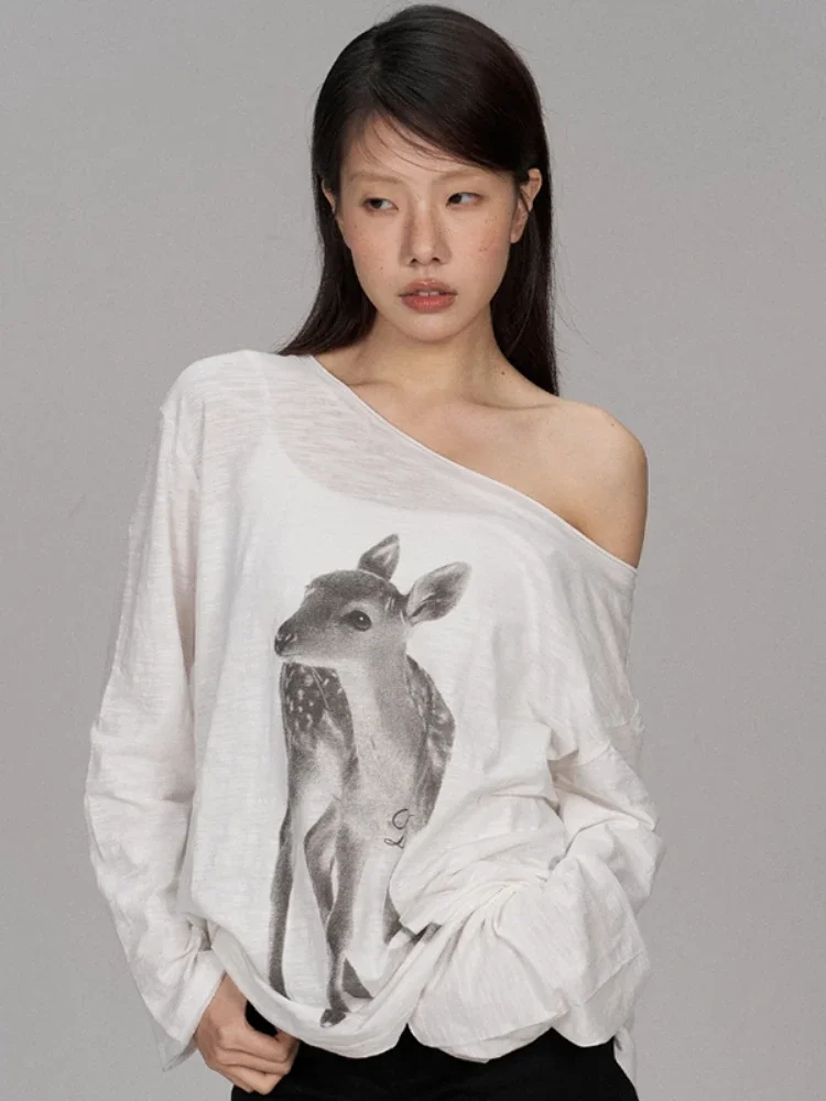 Cartoon Printing T-shirt Women Y2k Aesthetic Skew Collar Casual Tshirt Summer Harajuku See Through Grunge Tops