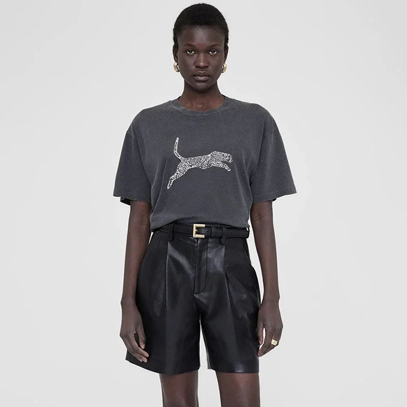 Новая летняя североамериканская ниша, белая леопардовая футболка с буквенным принтом, жареный цвет, черно-серая женская футболка с коротким рукавом Новая летняя североамериканская ниша, белая леопардовая футболка с буквенным принтом, жареный цвет, черно-серая женская футболка с коротким рукавом