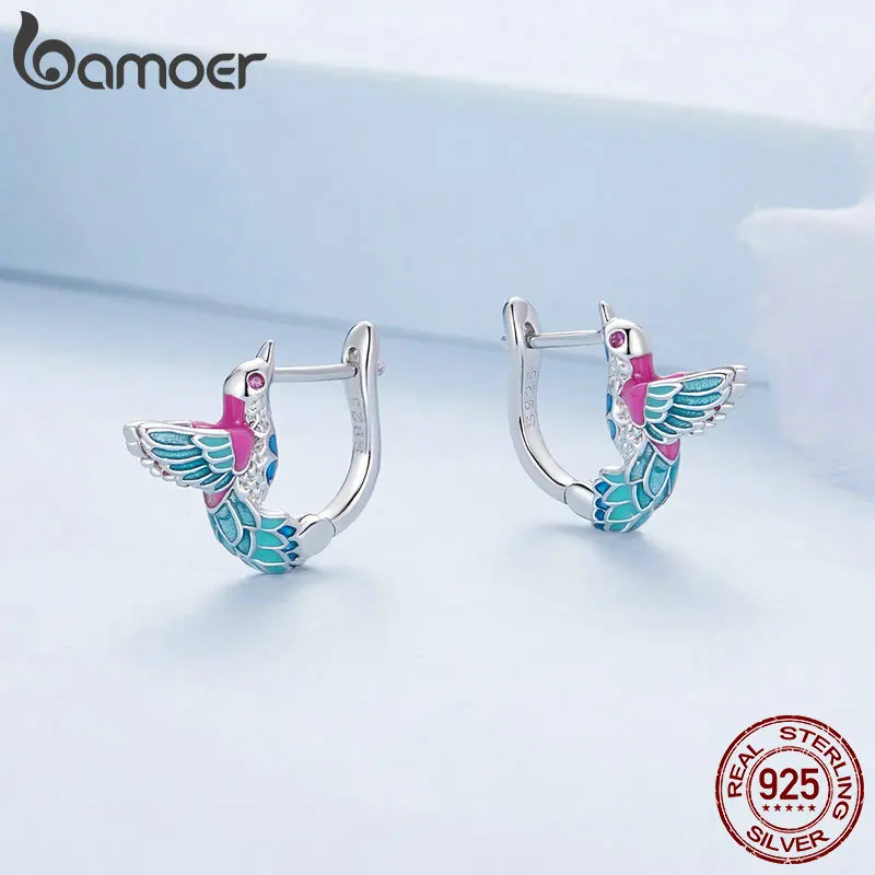 Bamoer 925 Sterling Silver Colorful Enamel Kingfisher Hoop Earrings Bird Ear Buckles for Women Trendy Fine Jewelry