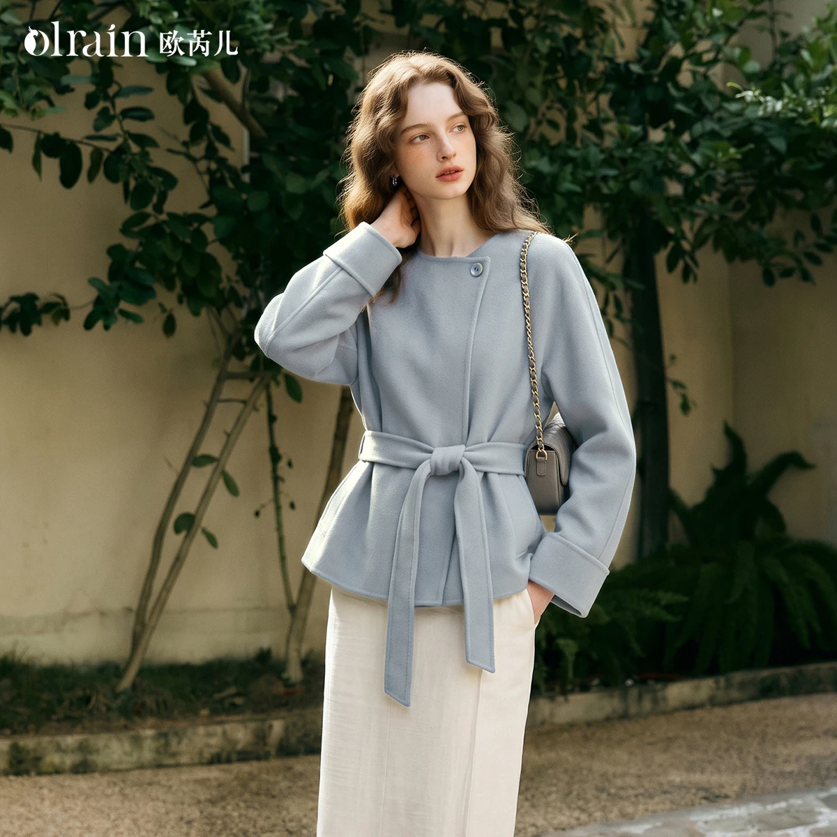 OLrain tweed jacket women's clothing 2026 autumn and winter new blue French commuter lace-up waist fashion top GO58QS011258