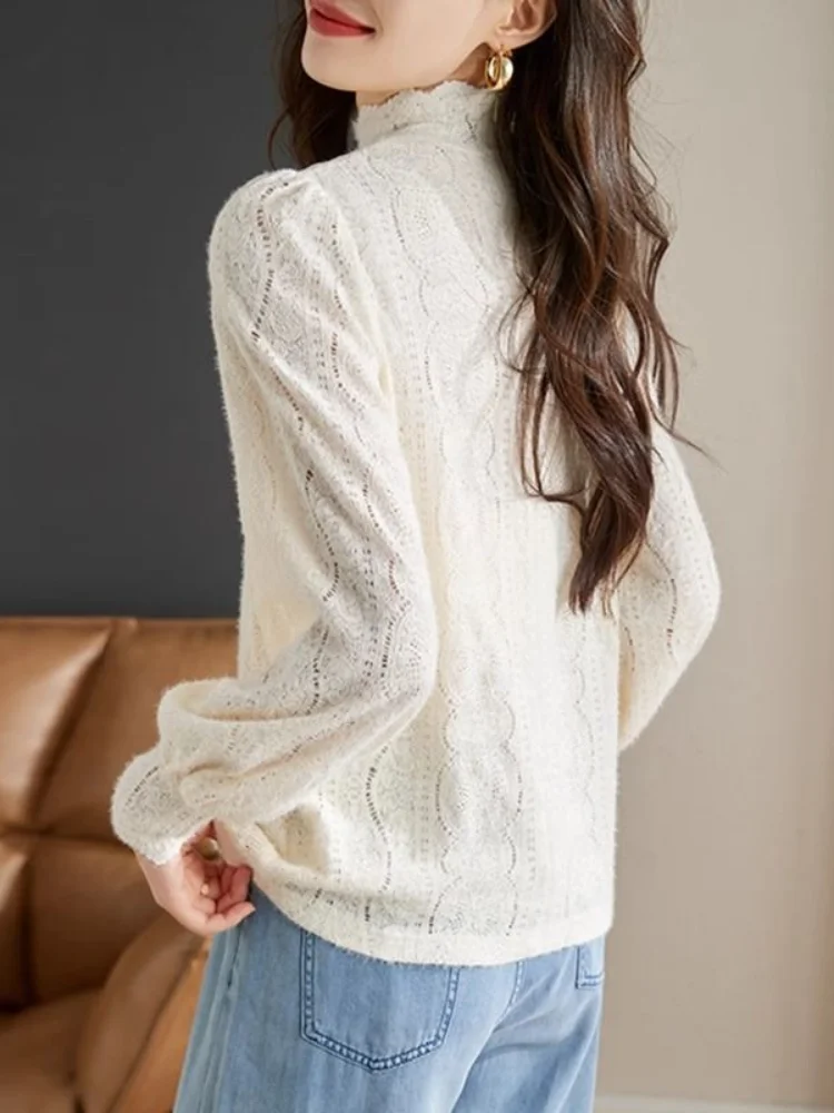 Half High Collar Blouses Women Autumn Cozy Inside Gentle Fashion Comfortable Solid Femme Elegant All-match Ins Slim Simple Tops