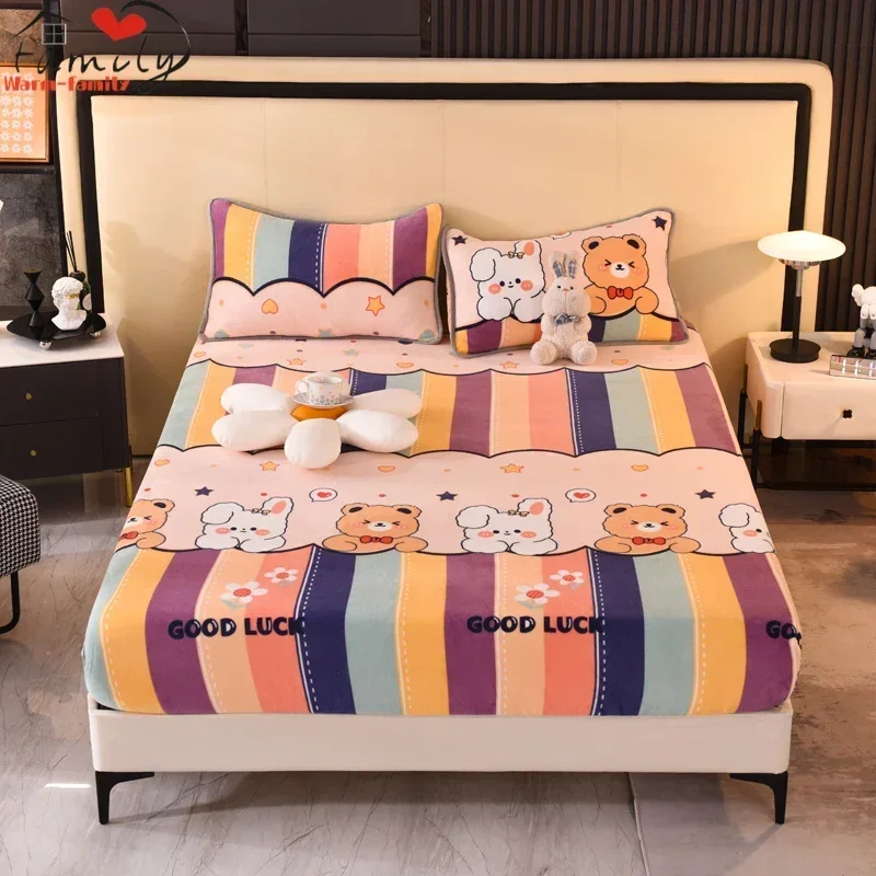 Winter Warm Thicken Flannel Elastic Fitted Sheet Mattress Protector Cover Cartoon Print Plush Soft Cozy Bed Sheet Home Decor