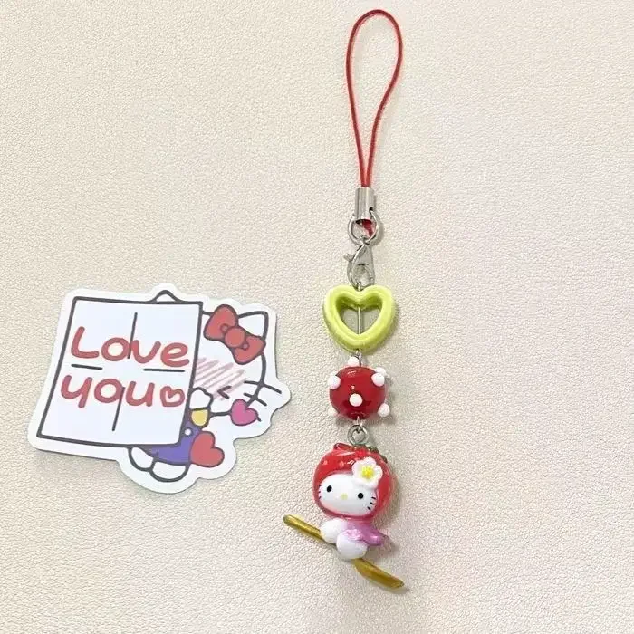 Sanrio Hello Kitty Phone Chain Kawaii Strawberry Head  Girl INS Style Beaded Pendant Cute Cartoon Backpack Decorative Gifts