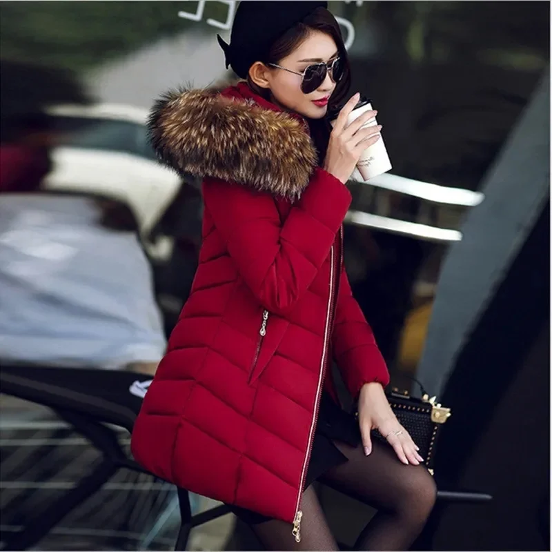 

Winter Warm Fur Collar Hooded Women Parka Fashion Comfortable Zipper Pockets Design Long Jacket Elegant Slim Thick Female Coats