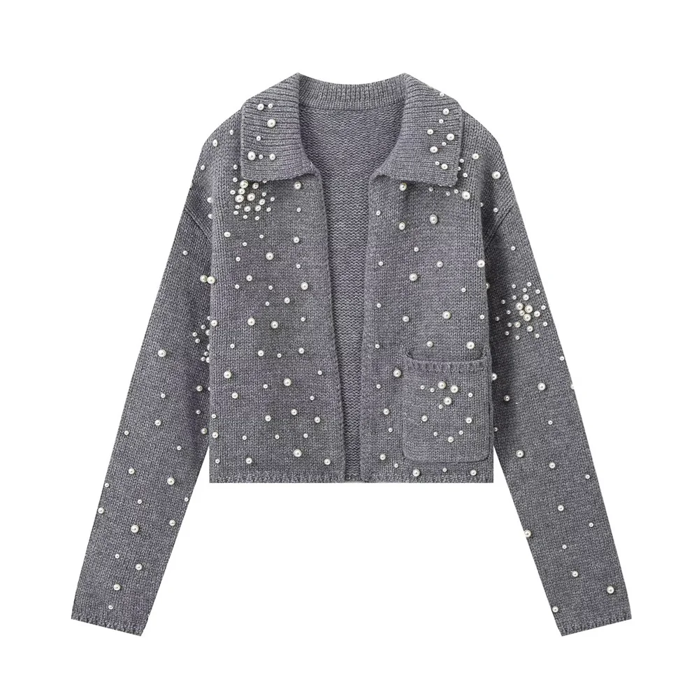 PB&ZA Women\'s Flip Collar Long Sleeve Pearl Decoration Autumn/Winter New Knitted Cardigan Coat