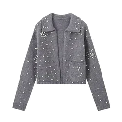 PB&ZA Women's Flip Collar Long Sleeve Pearl Decoration Autumn/Winter New Knitted Cardigan Coat