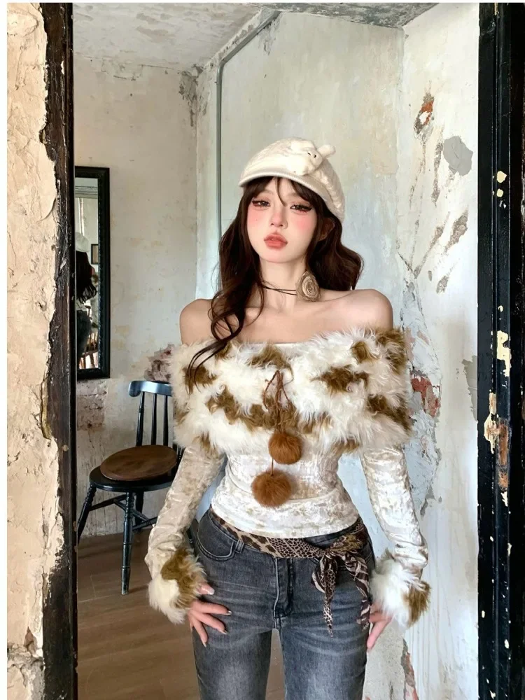 Vintage Fur Patchwork Off Shoulder Tops Mujer 2024 Autum New All-match T-shirt for Women Y2k Slim Fit Long Sleeve Tee Shirt