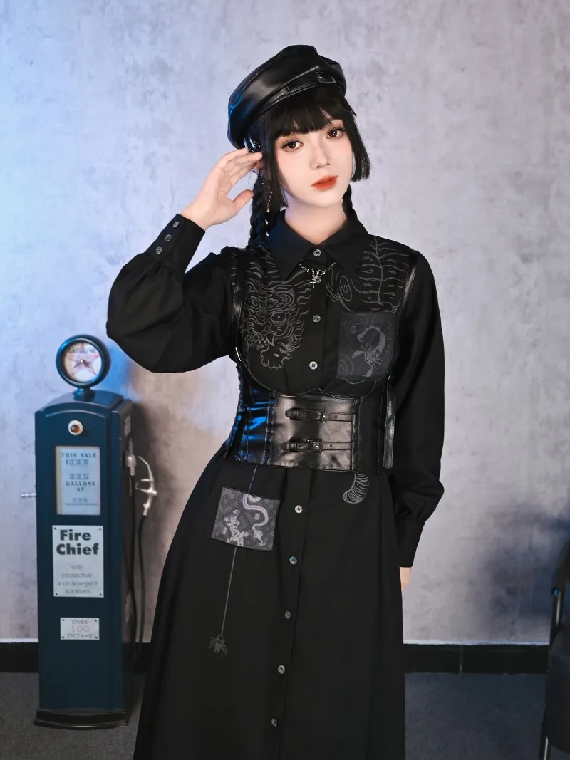 블랙 긴 소매 신상 중국 스타일 셔츠 드레스 디자인 패치 자수 빈티지 싱글 브레스티드 드레스 여성 의류