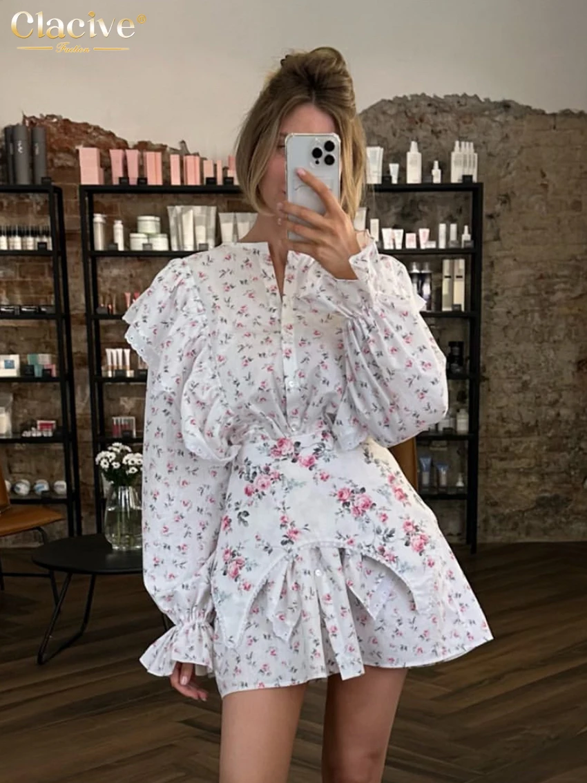 Clacive Fashion luźna sukienka damska z nadrukiem Casual O-Neck z długim rękawem Mini sukienki elegancka klasyczna sukienka z paskiem odzież damska