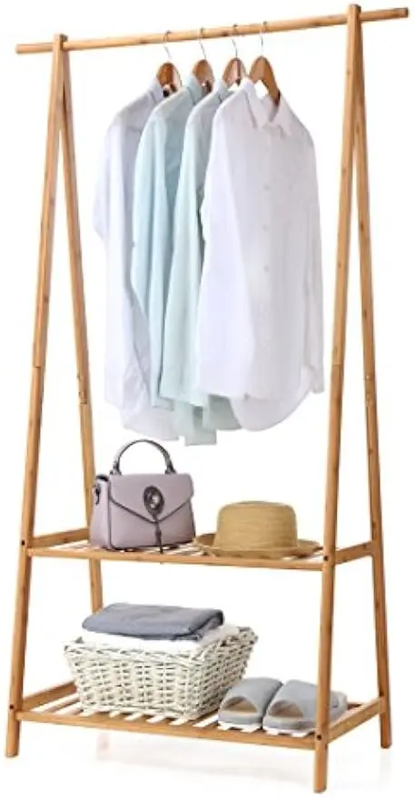 

Портативная бамбуковая вешалка для одежды с двухуровневыми полками для прихожей и спальни, запатентованный дизайн