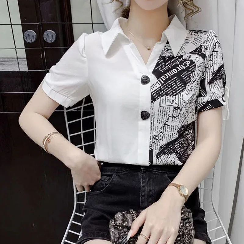 Patchwork Contrast Blouse Summer New Short Sleeve Asymmetrical Printing Slim Elegant Shirt Tops Fashion Casual Women Clothing