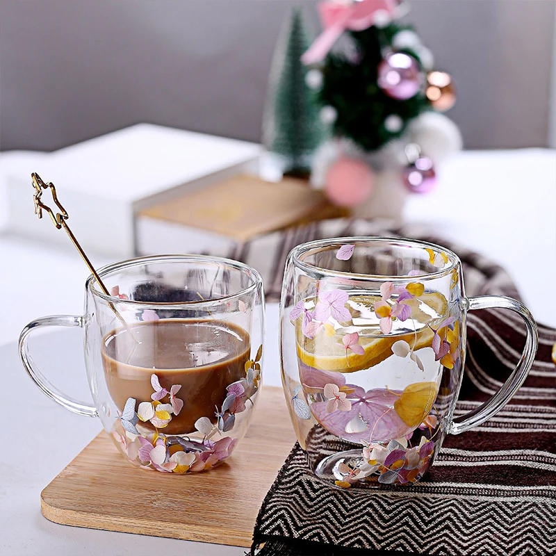 Dry Flower Double Layer Glass Cup, Creative Gift, Cute Milk Cup, Coffee Cup, Handle Mug, Heat-Resistant Cup