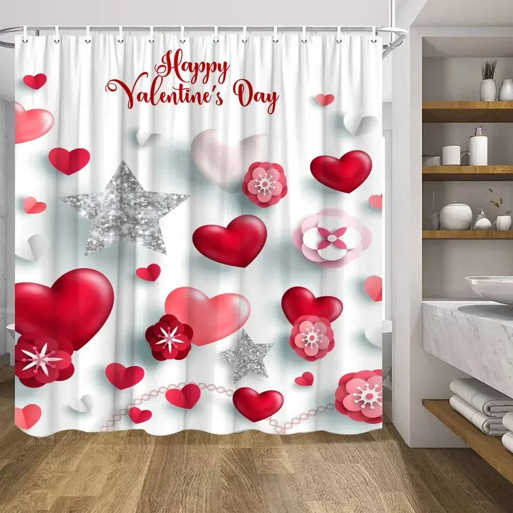 Valentine's Day Shower Curtain, Red Roses Pink Balloons Love Tree Bicycle Romantic Truck Polyester Printed Fabric Bathroom Decor