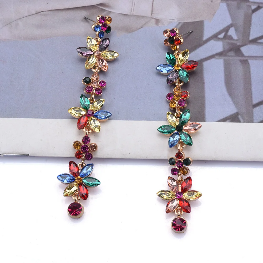 New Exaggerated Earrings Cross-border Fashion Personality Long Flower Geometric Stud Earrings Full Diamond Earrings Jewelry
