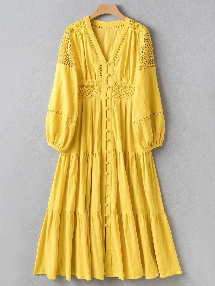 Fashion Runway Yellow Single Breasted Holiday Party Long Dress Summer V Neck Lace Hollow Out Spliced Linen Lantern Sleeve Dress