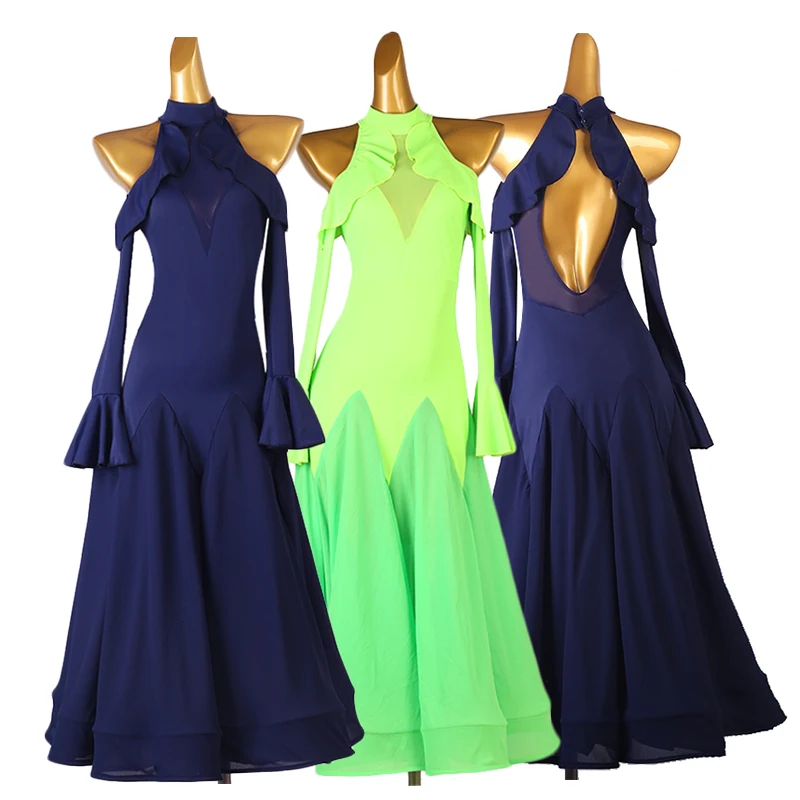 

Ballroom Dancing Dress Standard Modern Dancewear Women Blue Green Sleeveless Dresses Lady Waltz Performance Stage Costume 3788