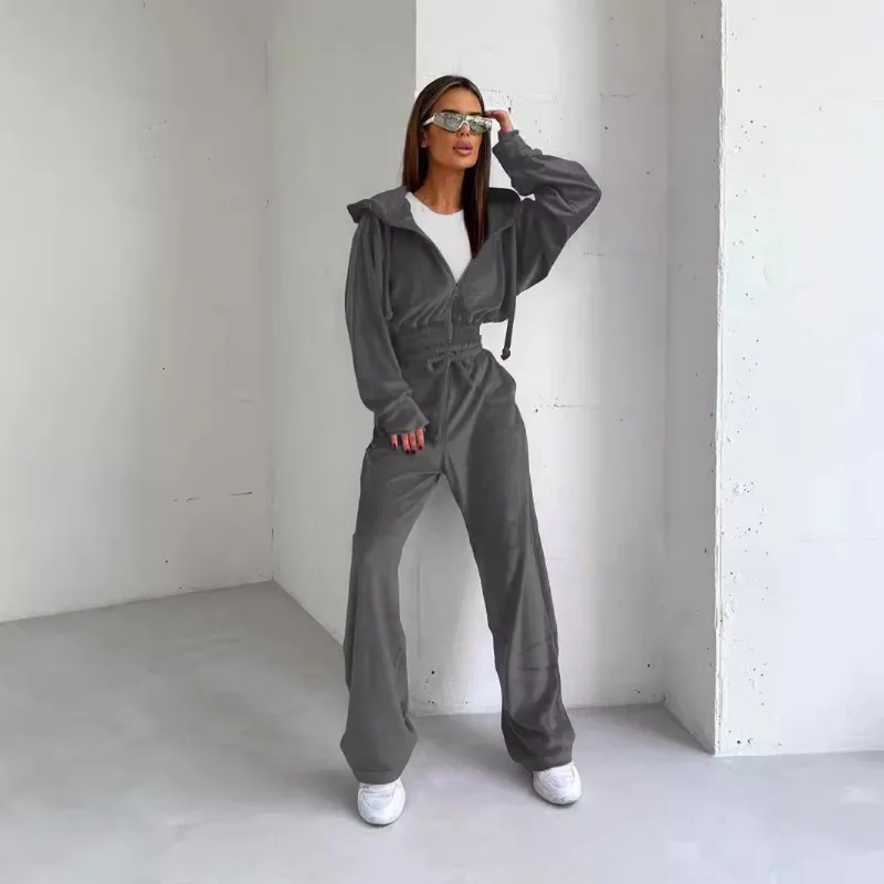 Velour Tracksuit Womens 2 Piece Sweatshirt Weatpants Set Full Zip Hoodie Sweatshirt with Pocket Causal Sportswear Autumn