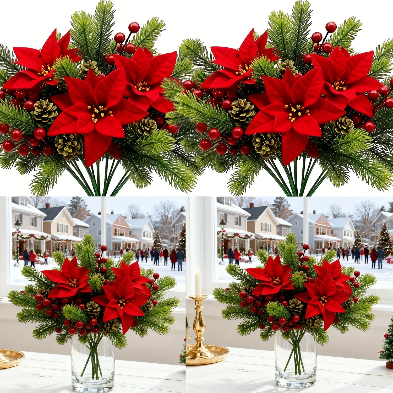 3 hochwertige künstliche Weihnachtsstern- und Tannenzweig-Blumen, kombiniert mit künstlichen Tannenzapfen und Beerensträußen – Weihnachtliche Dekoration