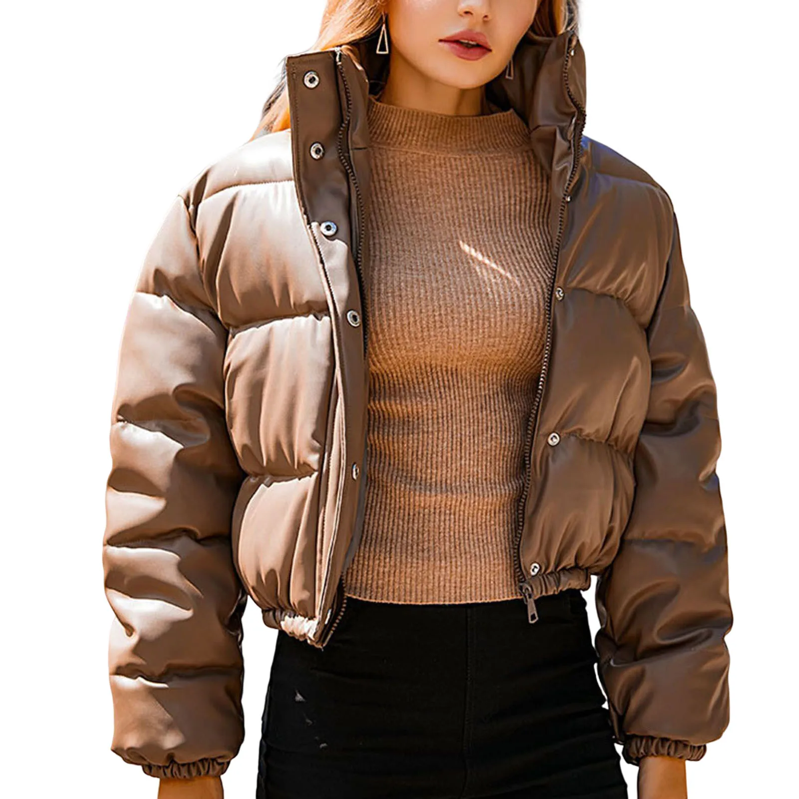 

Women's Cropped Puffer Jacket Winter Quilted Short Cotton Coat with Pockets for Daily Party School Work