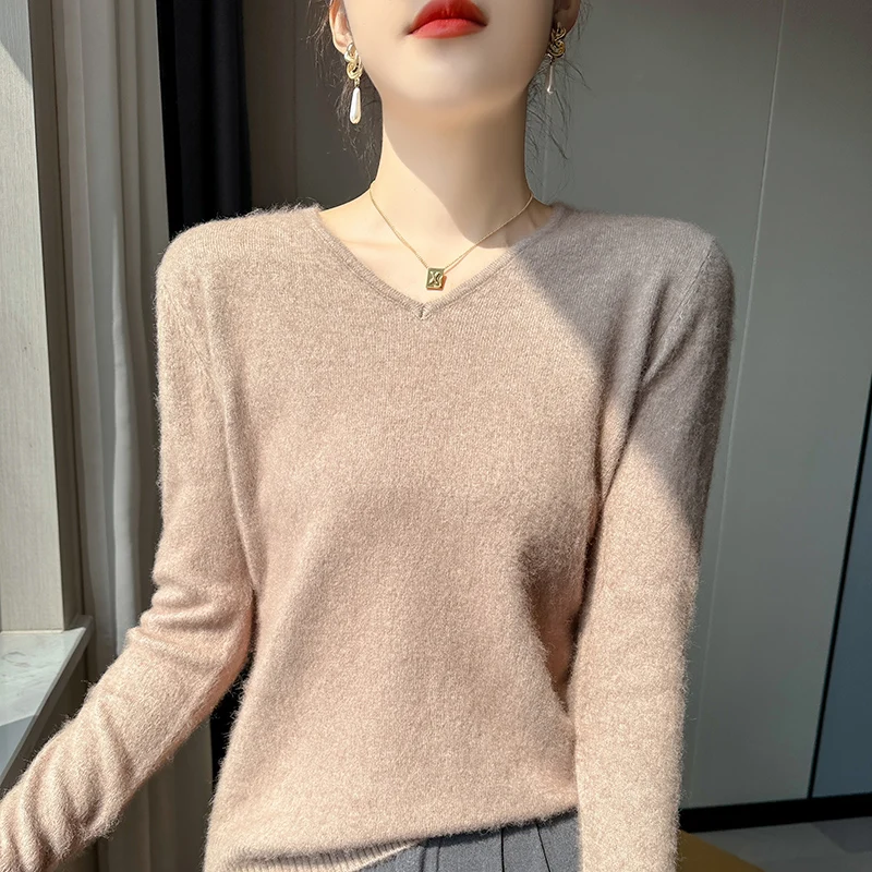 Autumn Winter New 100% Cashmere Sweater Women\'s Clothing V-Neck Knitted Pullover Tops Solid Color Long sleeved Women\'s sweater