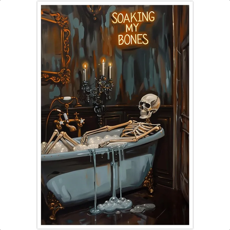 

Soaking My Bones Wall Art Horror Halloween Decor Skeleton Bathtub Poster Moody Print Dark Academia Canvas Spooky Gothic Artwork
