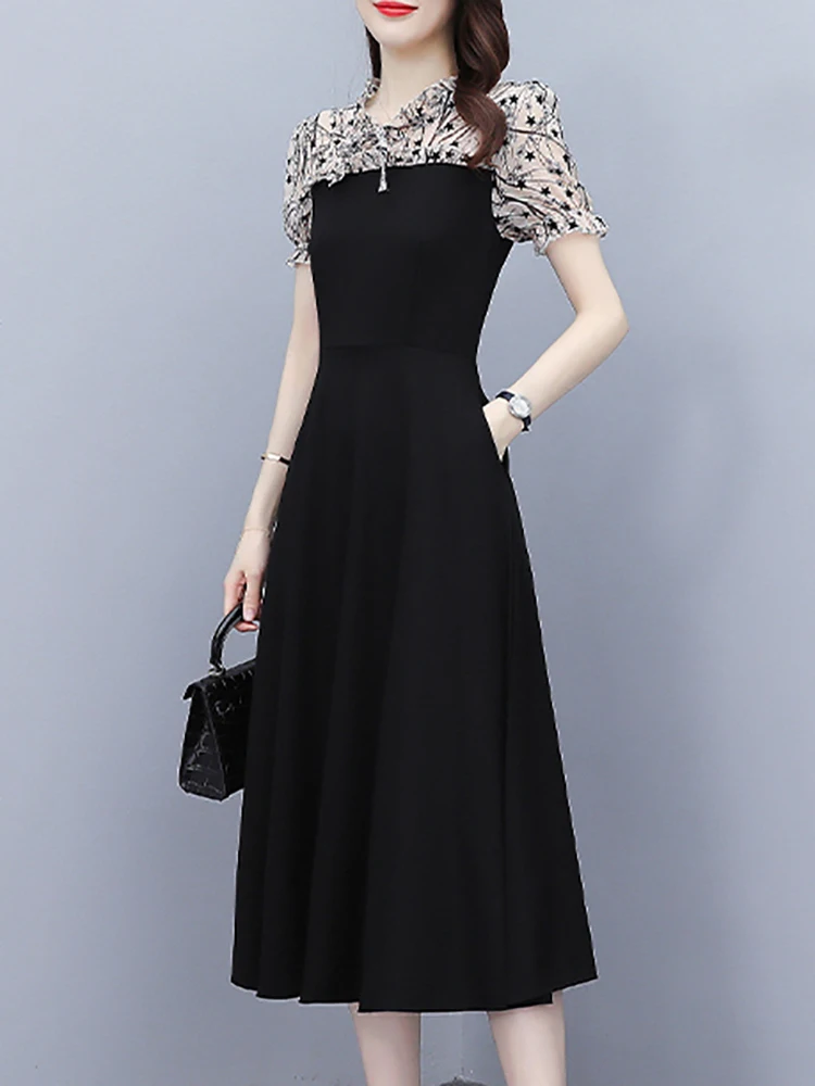 2024 Black Chic Ruffled Collar Midi Dress Summer Short Sleeve Elegant Women Bodycon Party Dress Korean Vintage Prom Night Dress