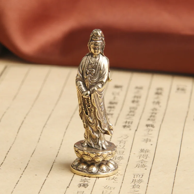 Antique Brass Lotus Buddha Desktop Ornament Nanhai Guanyin Bodhisattva Worship Statue Small Brassware