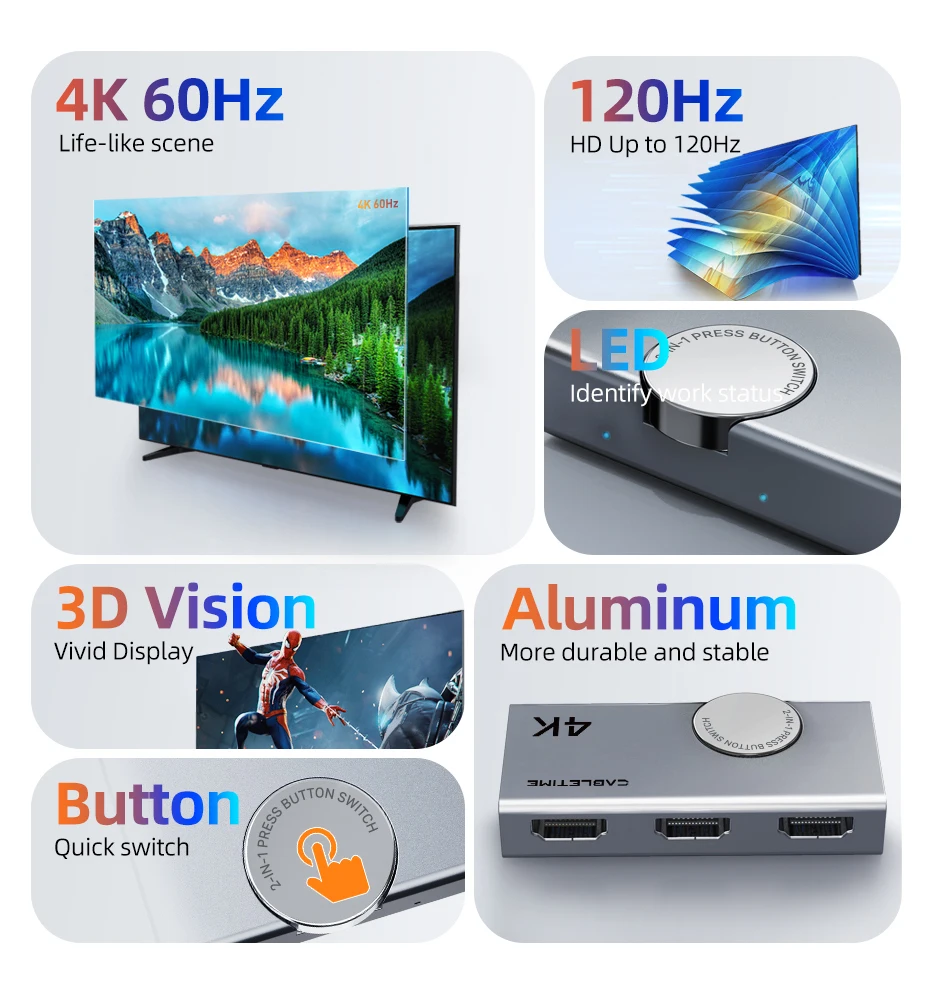 CABLETIME HDMI Switch Splitter 4K 2 in 1 Out 60Hz HDMI-kompatibel 2,0 Hub Switcher für PC Laptop HDTV Xbox PS4 PS5 TV Macbook – Detail 13