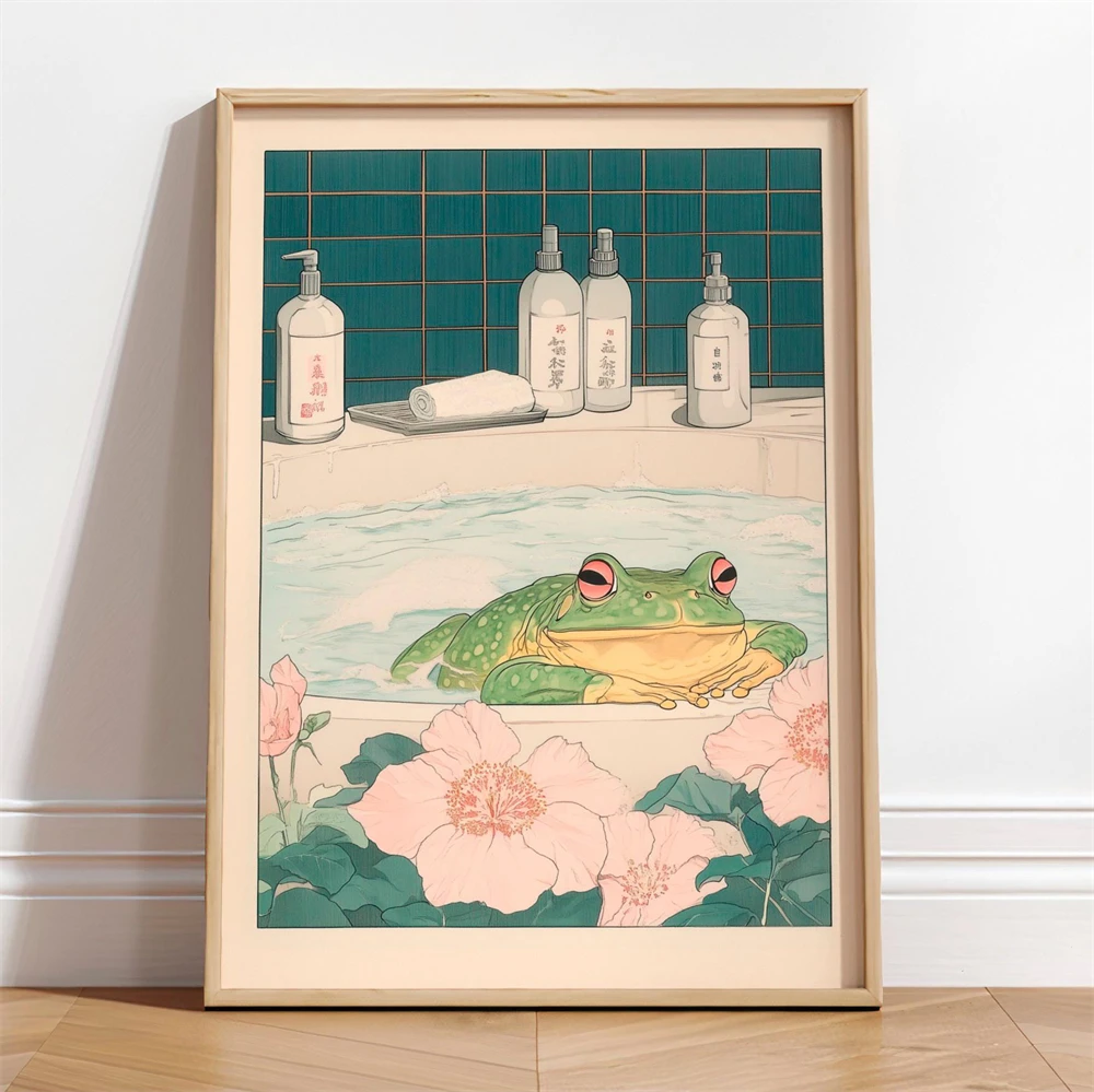 Frog in Bathtub Art Print Japandi Bathroom Wall Decor Poster Whimsical Frog Bathroom Wall Art Funny Frog in Bathtub Print Toilet