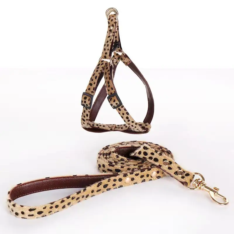 Leopard with Hair Fashion Pet Collar Set Dog Substantial Harnesses Traction Rope Suit Adjustable Cute Pet Decoration Accessories