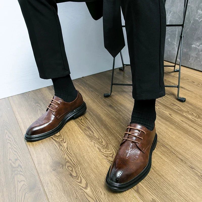 New Black Men Derby Shoes Brown Round Toe Lace-up Party Men's Formal Shoes Pu Leather  Size 38-46 Men Dress Shoes
