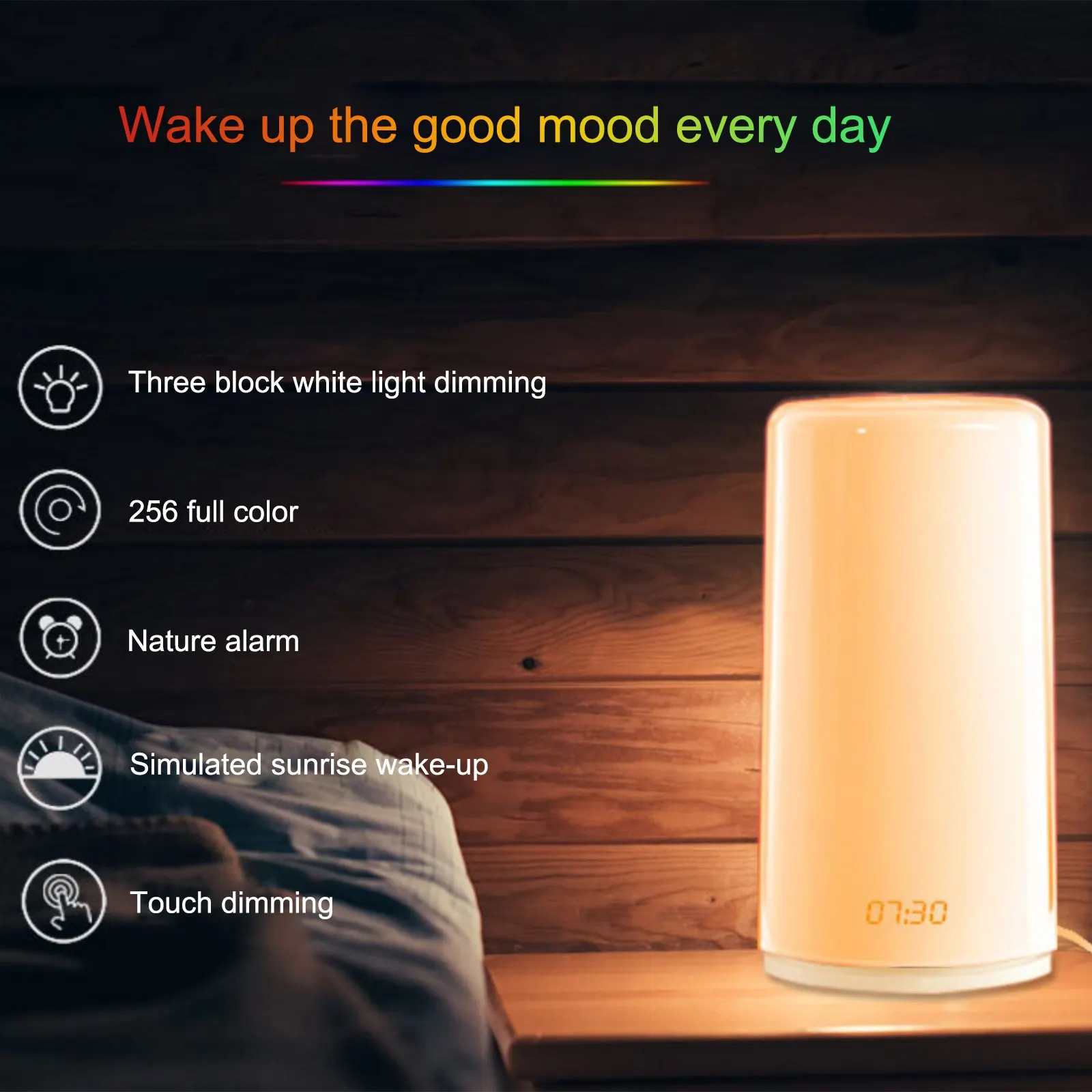 

2022 Hot Sale Wake Up Alarm Clock Night Light Alarm and Snooze Auto Color Change Night Light Timer Touch with Atmosphere Light