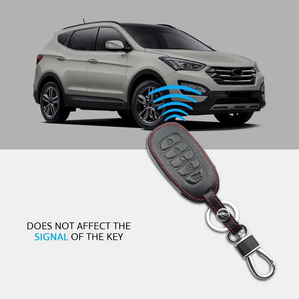 Leather Car Key Case For Hyundai Kona 2018 2019 Santa Fe TM 4 Buttons Smart Prox Keyless Remote Key Fob Cover Keychain Protector