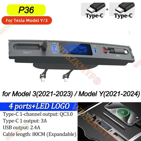 Многофункциональная USB-док-станция 4-в-1 Для Tesla Model 3/Y 2021-2023 С LED-концентратором, Расширителем Центральной Консоли