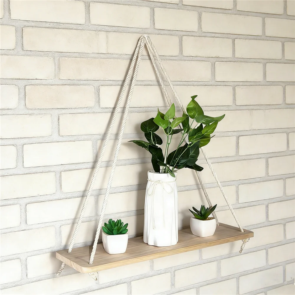 Wooden Swing Hanging Shelves for Wall Floating 1Pc Hemp Rope Triangle Shelf Home Living Room Plant Flower Pot Tray Storage